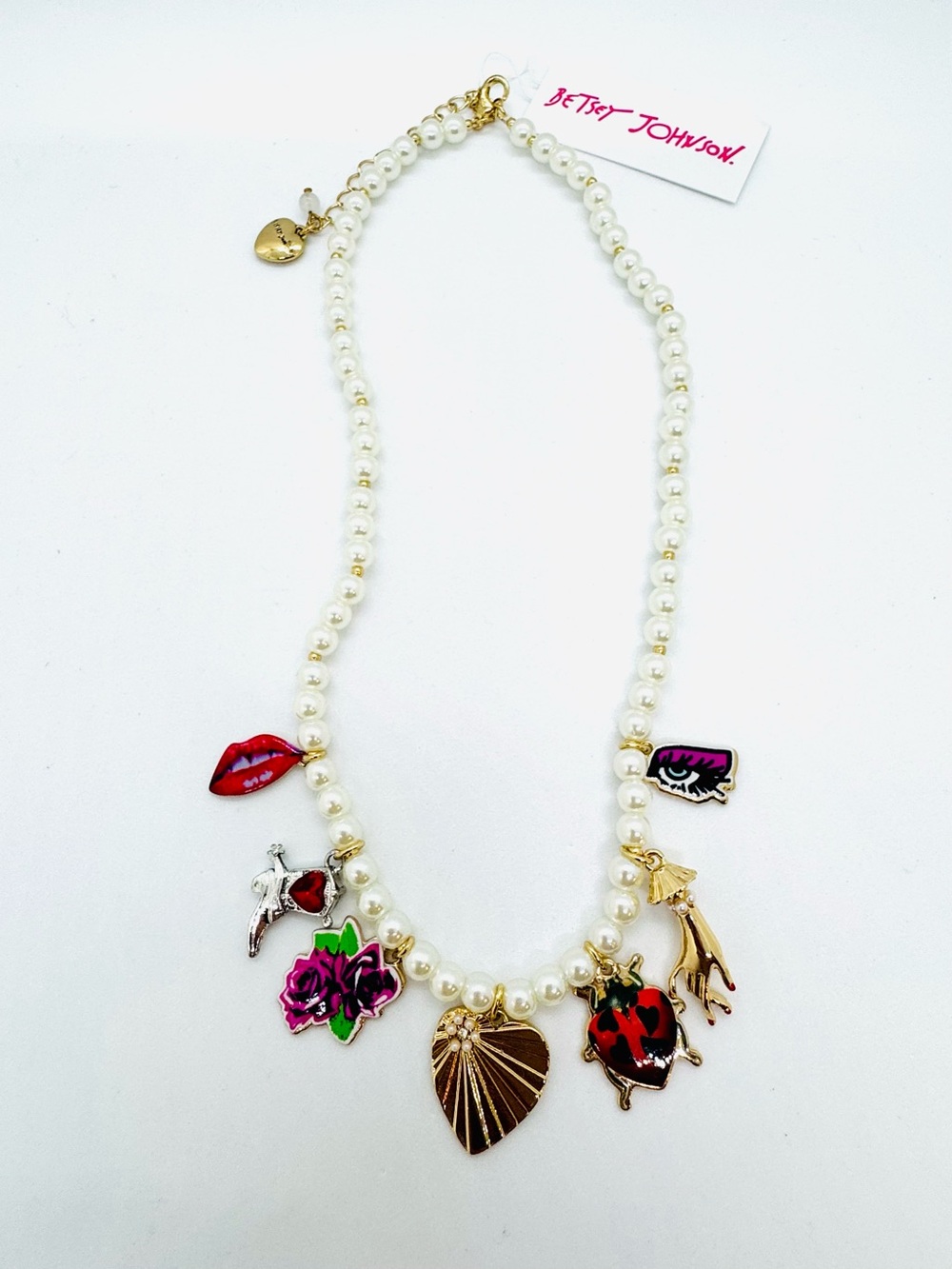Betsey Johnson Pearl Charm Necklace with Gold Heart and Colorful Enamel Charms